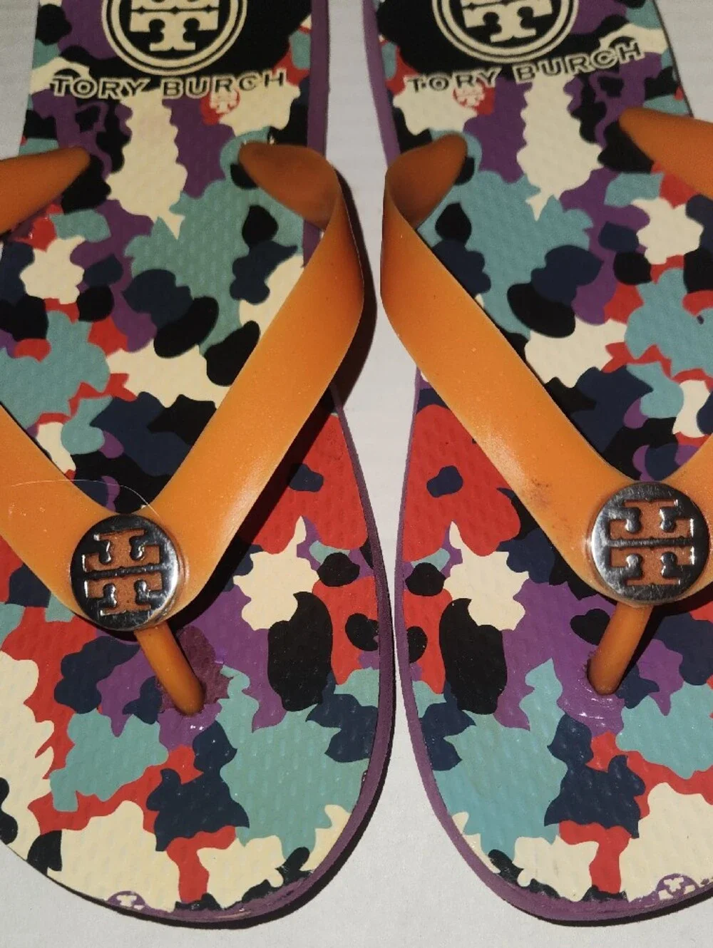 Tory Burch Orange-Strap Flip Flops with Multicolor Camouflage Footbed